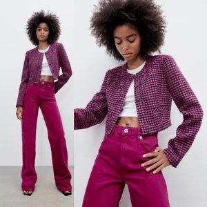 ZARA Dark Pink Textured Cropped Jacket - Medium NWOT